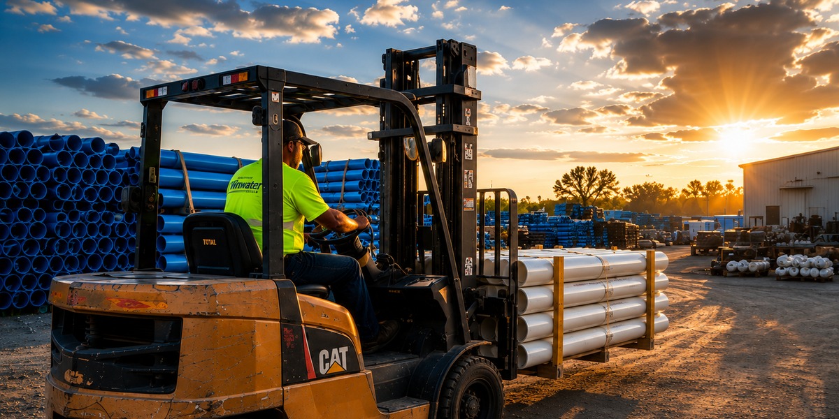 Utility contractor installing water main pipe